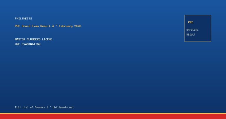 Master Plumbers Licensure Examination Result February 2026 — Official PRC List of Passers