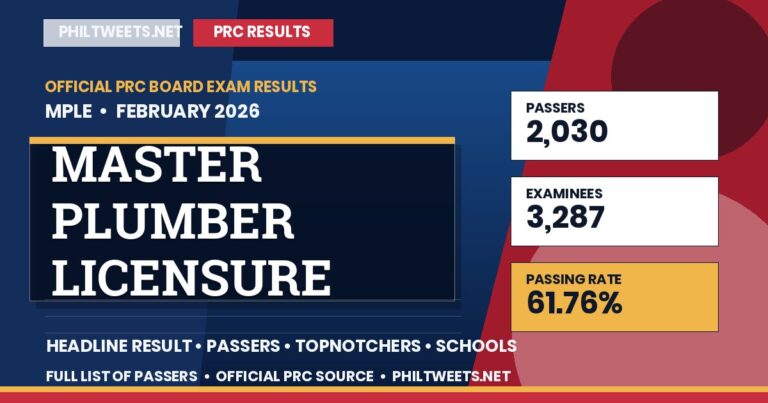 Master Plumber Licensure Examination Result February 2026 — Official PRC List of Passers