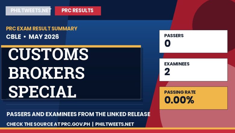 PhilTweets summary card for Customs Brokers Special Professional Licensure Examination results, May 2026